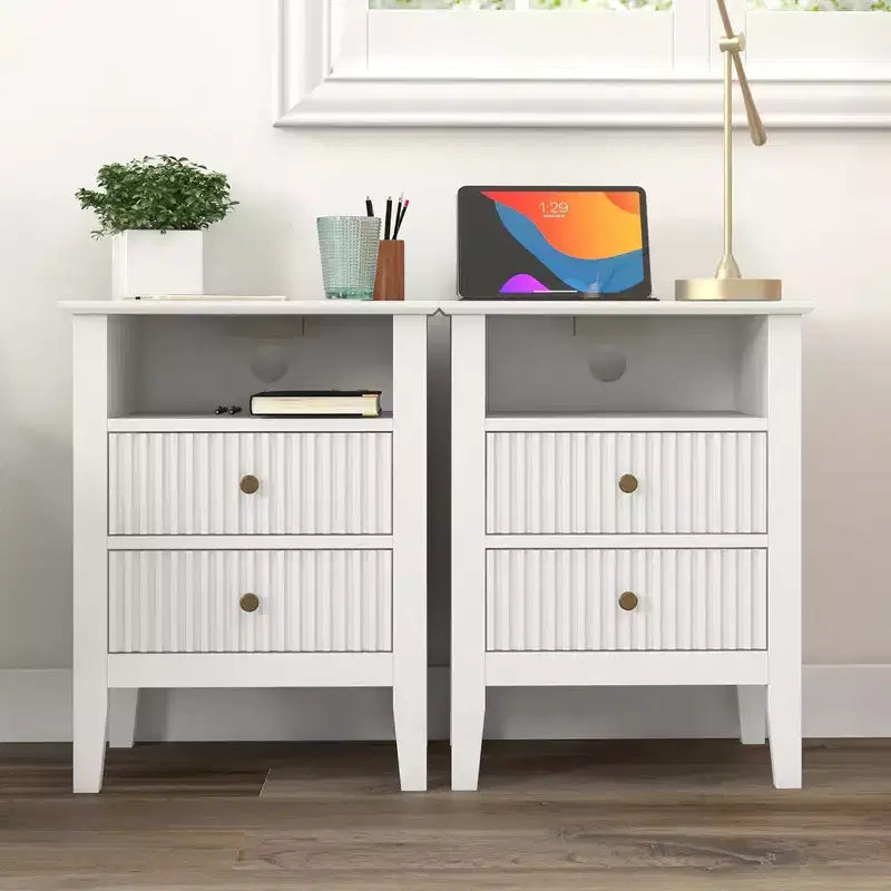 RoyalCrafted Fluted Nightstand, Wooden End Table Set with 2 Storage Drawers and Charging Station for Bedroom or Home Office, Set of 2, White