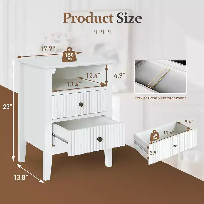 Tables de Chevet Rainurées, Ensemble de 2 Tables d'Appoint en Bois avec 2 Tiroirs de Rangement et Station de Chargement pour Chambre ou Bureau à Domicile, Lot de 2, Blanc