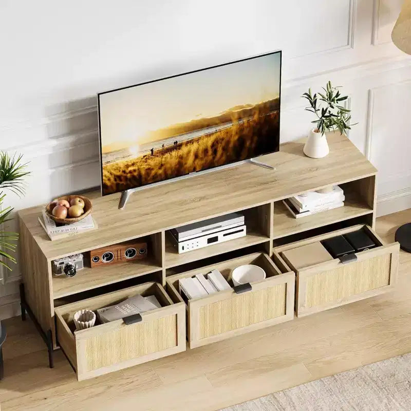 GustoWave Rattan TV Stand for up to 75 Inch TVs, Mid Century Modern Entertainment Center with Open Shelf & 3 Drawers for Living Room