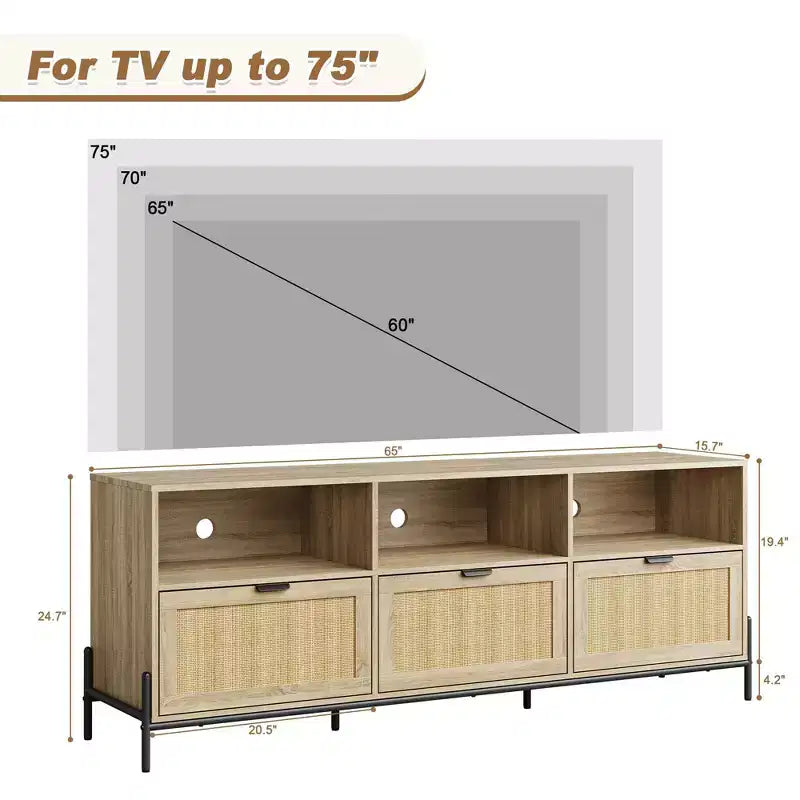 Meuble TV en rotin pour téléviseurs jusqu'à 75 pouces, meuble de divertissement moderne du milieu du siècle avec étagère ouverte et 3 tiroirs pour le salon