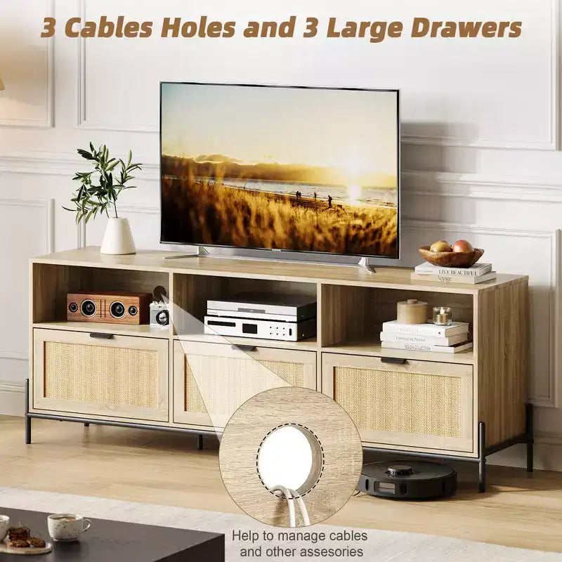 Meuble TV en rotin pour téléviseurs jusqu'à 75 pouces, meuble de divertissement moderne du milieu du siècle avec étagère ouverte et 3 tiroirs pour le salon