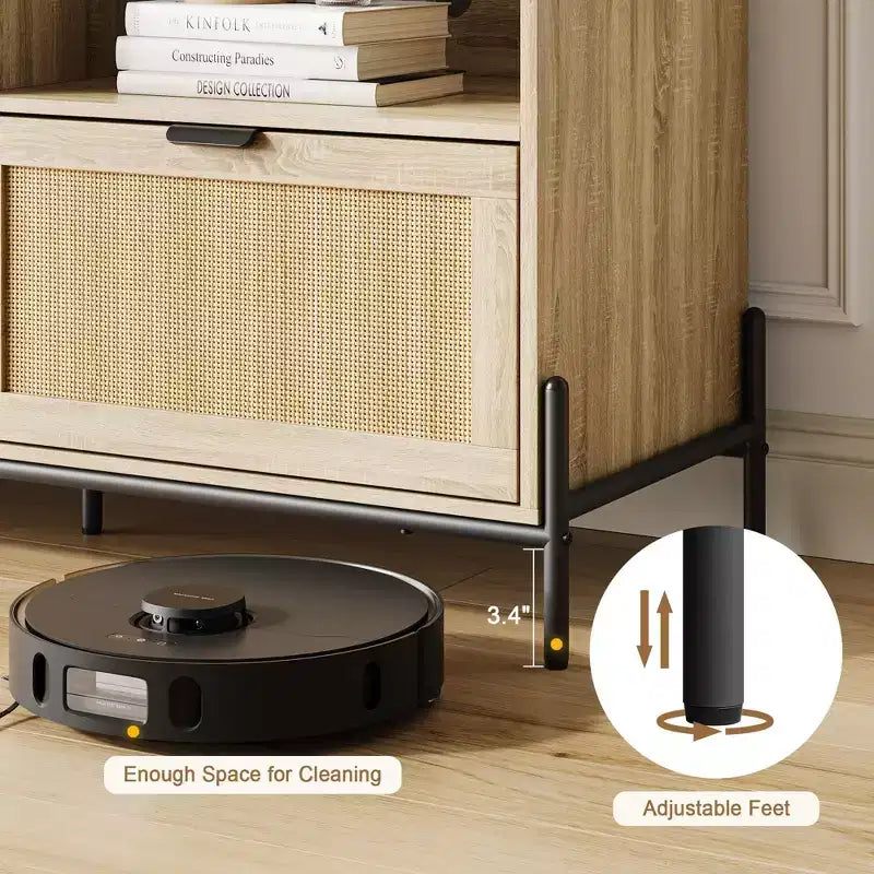 Meuble TV en rotin pour téléviseurs jusqu'à 75 pouces, meuble de divertissement moderne du milieu du siècle avec étagère ouverte et 3 tiroirs pour le salon