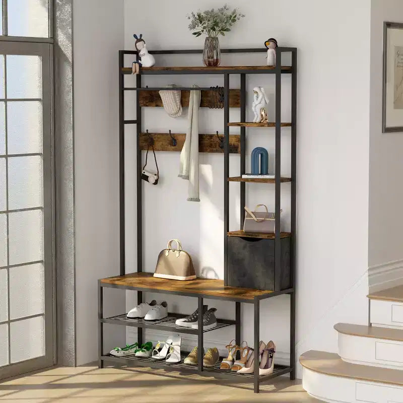 5-in-1 Coat Rack, Hall Tree with Bench and Shoe Storage, Freestanding Entryway Bench with 5-Tier Open Shelves