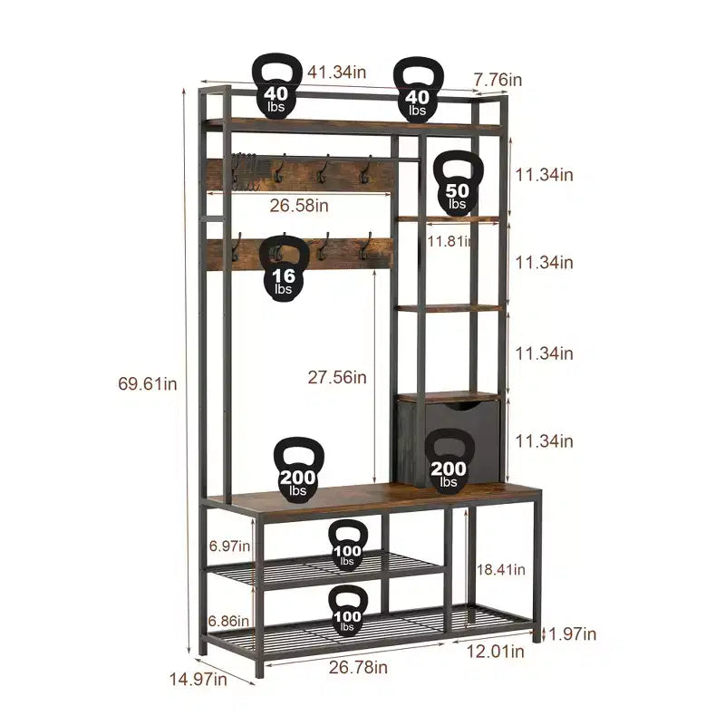 Porte-manteau 5 en 1, Meuble d'entrée avec banc et rangement à chaussures, Banc d'entrée autoportant avec étagères ouvertes à 5 niveaux