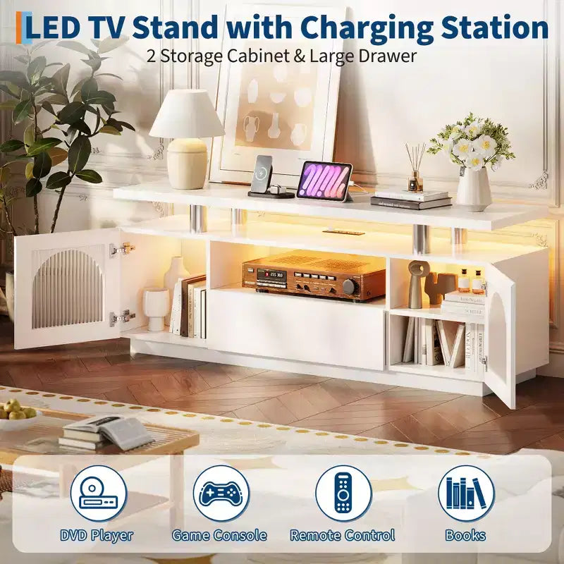 Meuble TV moderne de 59 po - Console média compacte, meuble de divertissement multifonctionnel pour salon