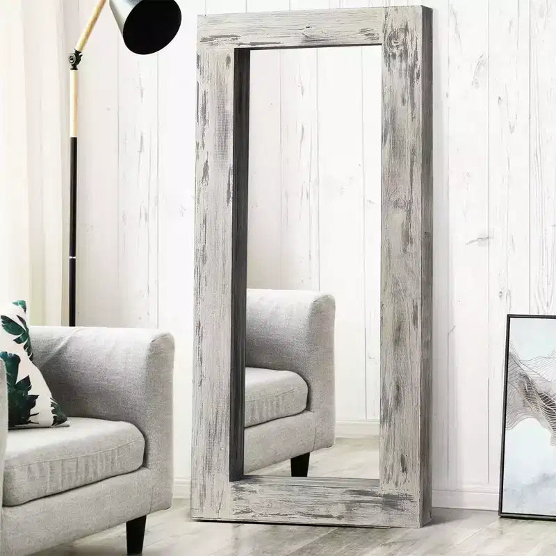 PexFix 31 in. W x 71 in. H Farmhouse Rectangular Solid Wood Framed Full Length Leaning Mirror in Weathered White