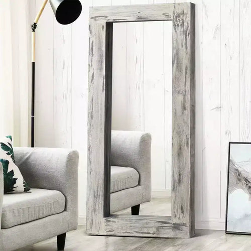 PexFix 31 in. W x 71 in. H Farmhouse Rectangular Solid Wood Framed Full Length Leaning Mirror in Weathered White