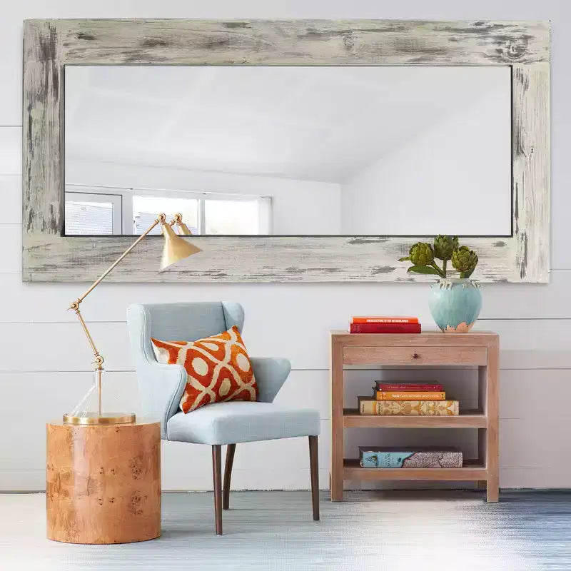 Miroir sur pied rectangulaire de style rustique, avec cadre en bois massif, 31 po L x 71 po H, fini blanc patiné