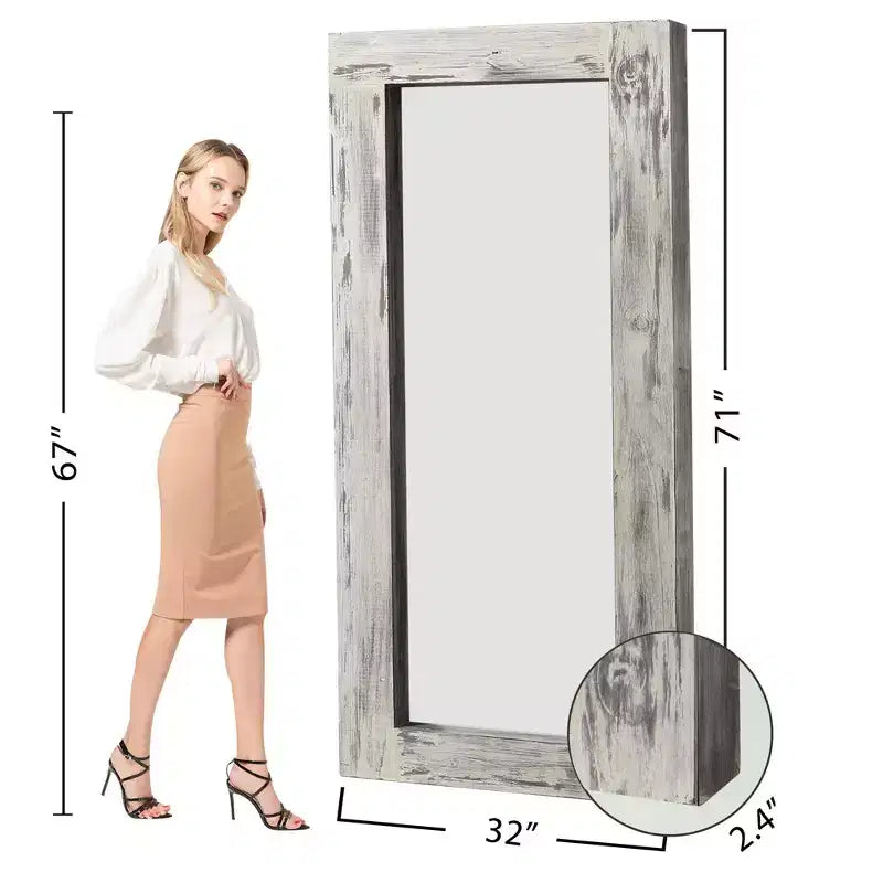 Miroir sur pied rectangulaire de style rustique, avec cadre en bois massif, 31 po L x 71 po H, fini blanc patiné