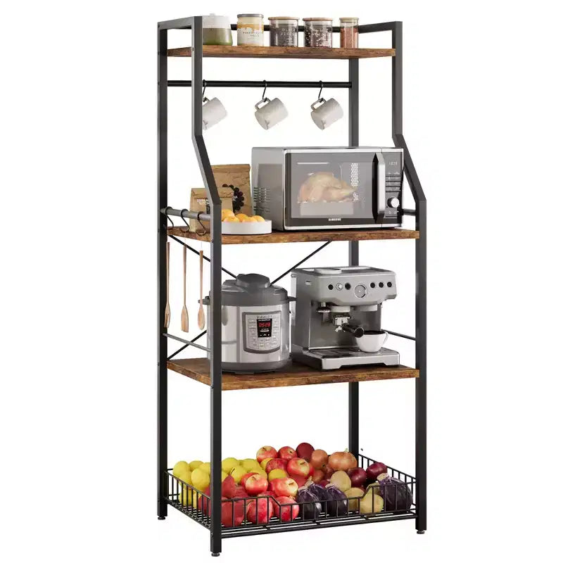 Bakers Rack, Microwave Oven Stand with Large Wire Basket, 4-Tier Kitchen Utility Storage Shelf with 8 Hooks for Spice, Pots Organizer