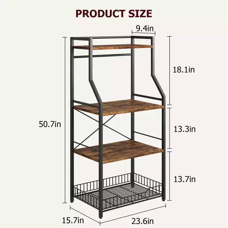 Étagère de Boulangerie, Support de Four à Micro-ondes avec Grand Panier en Fil, Étagère de Rangement Utilitaire de Cuisine à 4 Niveaux avec 8 Crochets pour Épices, Organisateur de Pots