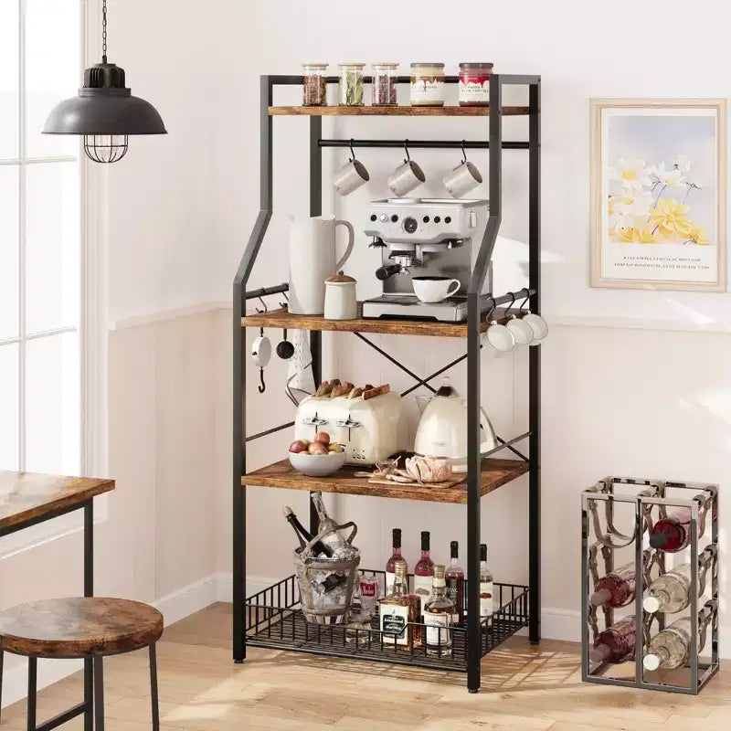 Étagère de Boulangerie, Support de Four à Micro-ondes avec Grand Panier en Fil, Étagère de Rangement Utilitaire de Cuisine à 4 Niveaux avec 8 Crochets pour Épices, Organisateur de Pots