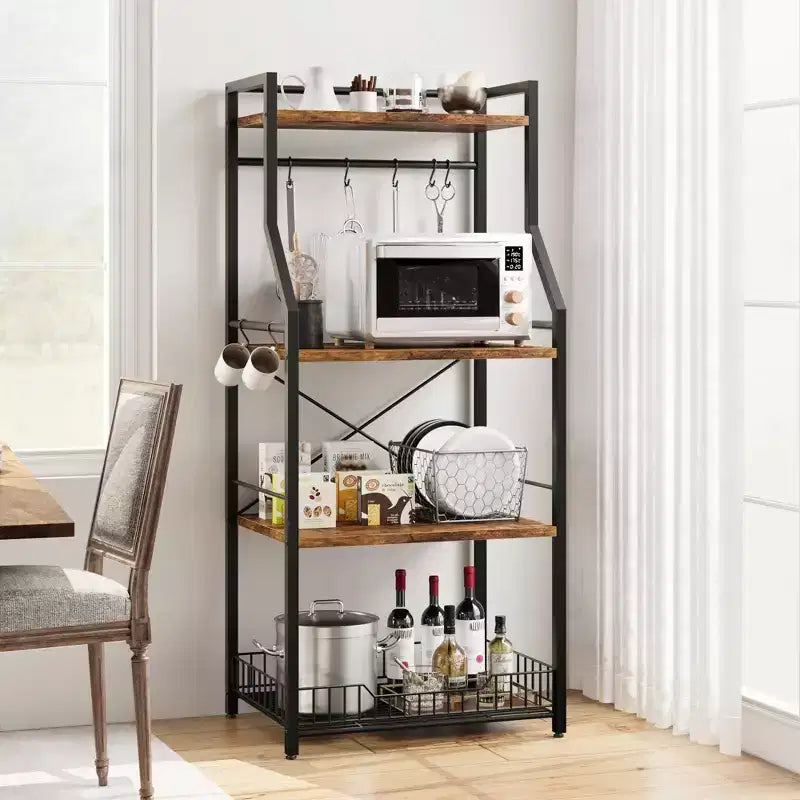 Étagère de Boulangerie, Support de Four à Micro-ondes avec Grand Panier en Fil, Étagère de Rangement Utilitaire de Cuisine à 4 Niveaux avec 8 Crochets pour Épices, Organisateur de Pots