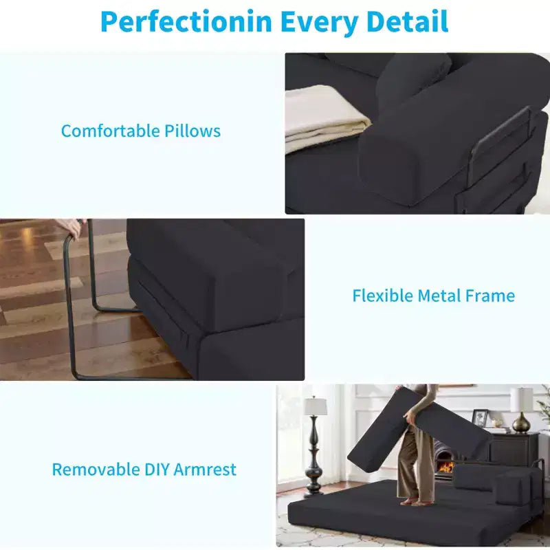Canapé-lit convertible 66 po avec oreillers, futon pliant, canapé de sol déhoussable et lavable pour petits espaces
