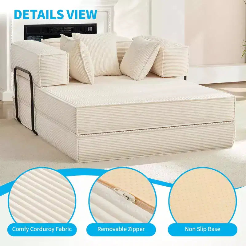 Canapé-lit convertible 66 po avec oreillers, futon pliant, canapé de sol déhoussable et lavable pour petits espaces