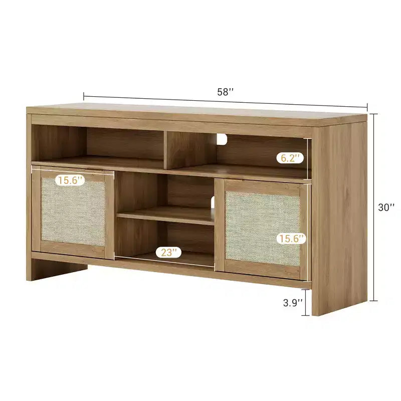 Meuble TV en rotin à 2 portes en panneau épais avec tissage en rotin, rangement spacieux, construction durable en MDF, design élégant et assemblage facile