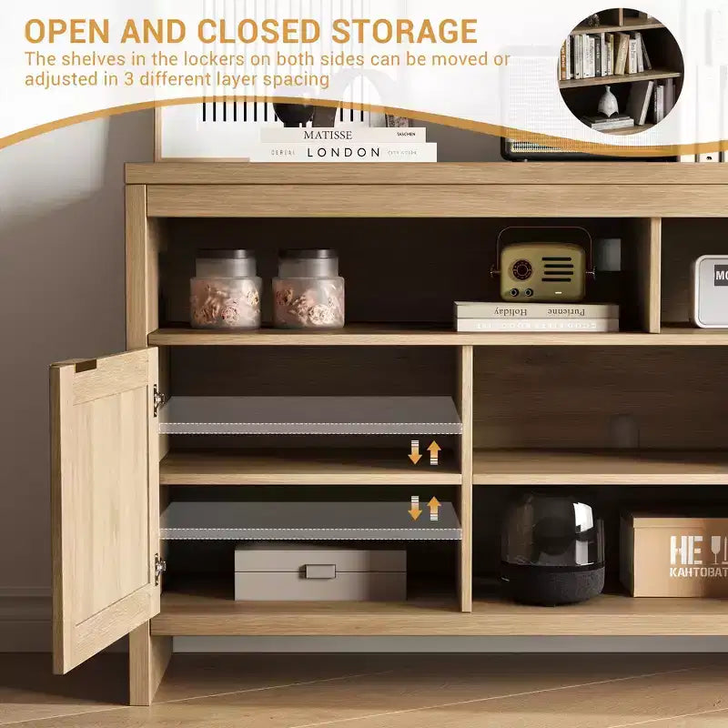 Meuble TV en rotin à 2 portes en panneau épais avec tissage en rotin, rangement spacieux, construction durable en MDF, design élégant et assemblage facile