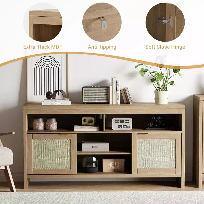Meuble TV en rotin à 2 portes en panneau épais avec tissage en rotin, rangement spacieux, construction durable en MDF, design élégant et assemblage facile