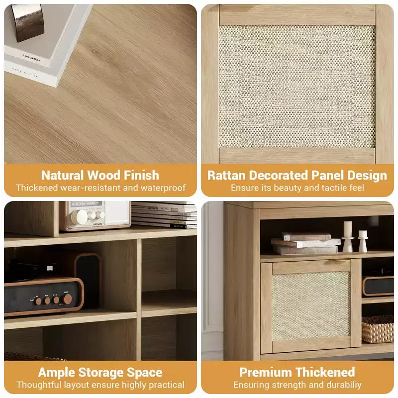 Meuble TV en rotin à 2 portes en panneau épais avec tissage en rotin, rangement spacieux, construction durable en MDF, design élégant et assemblage facile