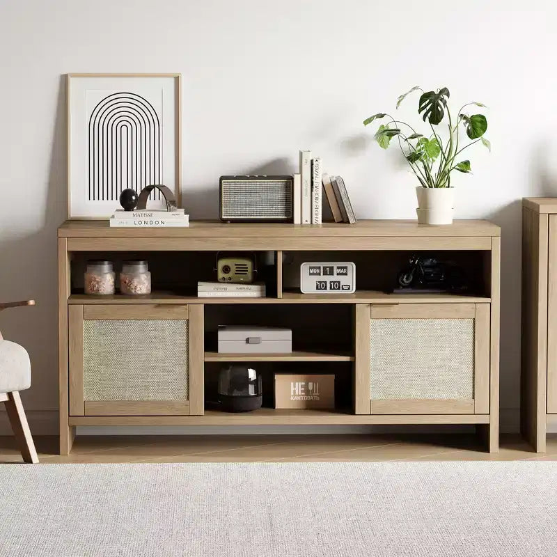 Meuble TV en rotin à 2 portes en panneau épais avec tissage en rotin, rangement spacieux, construction durable en MDF, design élégant et assemblage facile