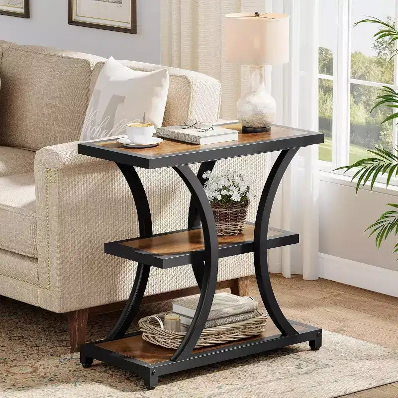 Lantine 3-Tier End Table with Storage, with Geometric Metal Design, Industrial Nightstand for Living Room, Bedroom
