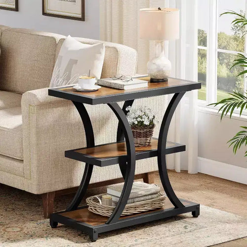 Lantine 3-Tier End Table with Storage, with Geometric Metal Design, Industrial Nightstand for Living Room, Bedroom