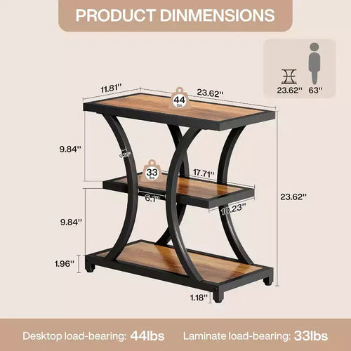 Table d'appoint à 3 niveaux avec rangement, avec design géométrique en métal, table de chevet industrielle pour salon, chambre à coucher