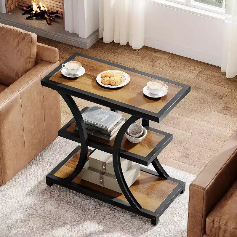 Table d'appoint à 3 niveaux avec rangement, avec design géométrique en métal, table de chevet industrielle pour salon, chambre à coucher