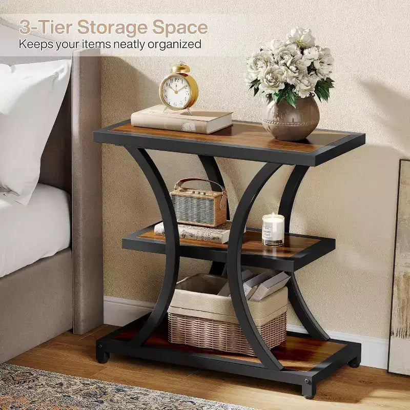 Table d'appoint à 3 niveaux avec rangement, avec design géométrique en métal, table de chevet industrielle pour salon, chambre à coucher