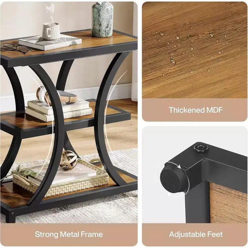 Table d'appoint à 3 niveaux avec rangement, avec design géométrique en métal, table de chevet industrielle pour salon, chambre à coucher