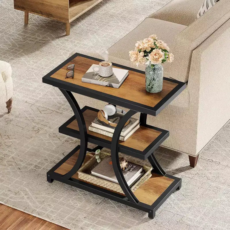 Table d'appoint à 3 niveaux avec rangement, avec design géométrique en métal, table de chevet industrielle pour salon, chambre à coucher