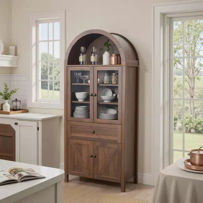 Meuble de cuisine autoportant, Armoire haute avec tiroir et 4 portes, Buffet polyvalent pour salon et salle à manger