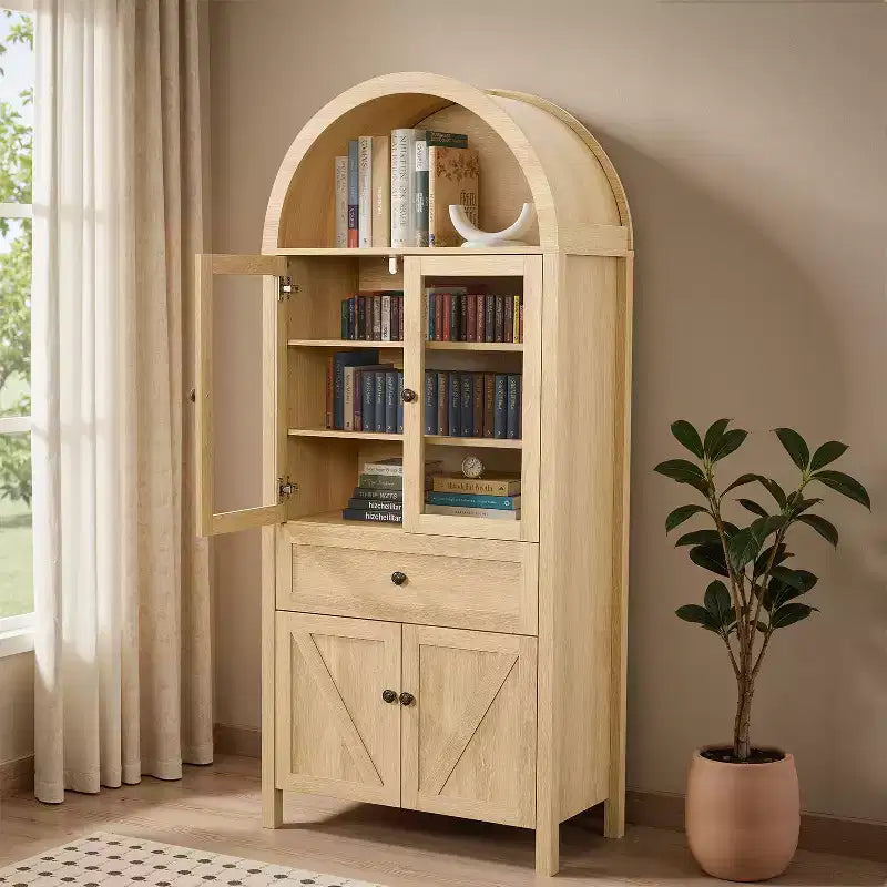 Meuble de cuisine autoportant, Armoire haute avec tiroir et 4 portes, Buffet polyvalent pour salon et salle à manger