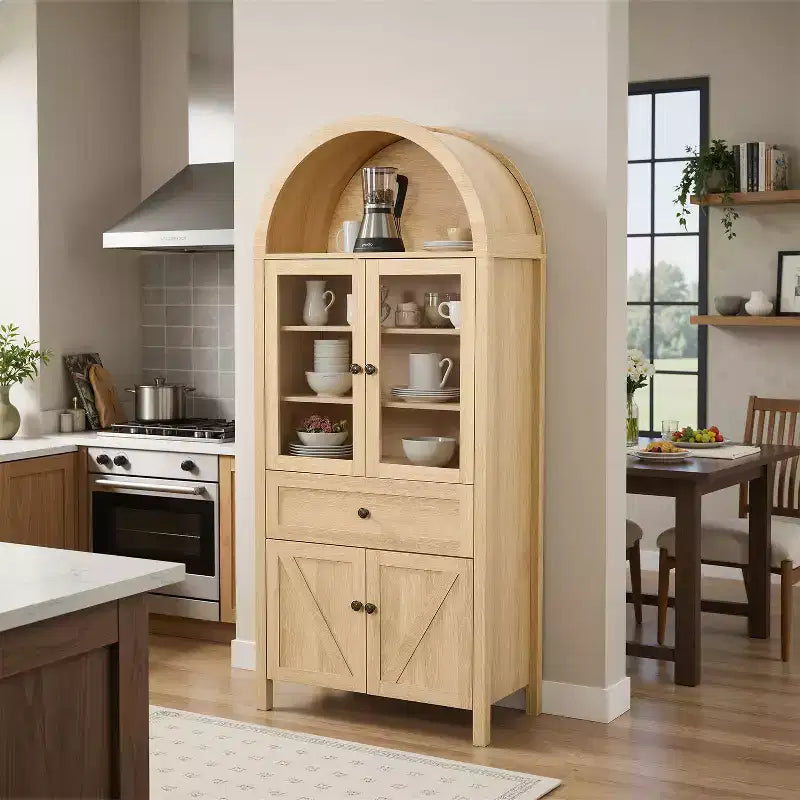 Meuble de cuisine autoportant, Armoire haute avec tiroir et 4 portes, Buffet polyvalent pour salon et salle à manger