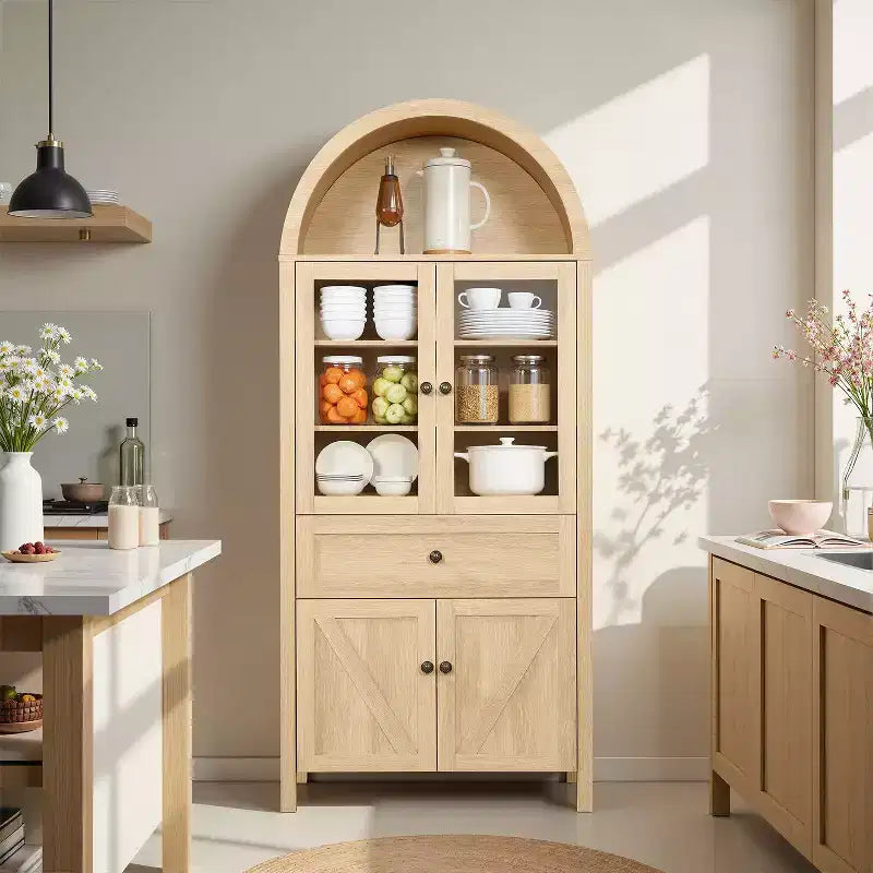 Meuble de cuisine autoportant, Armoire haute avec tiroir et 4 portes, Buffet polyvalent pour salon et salle à manger