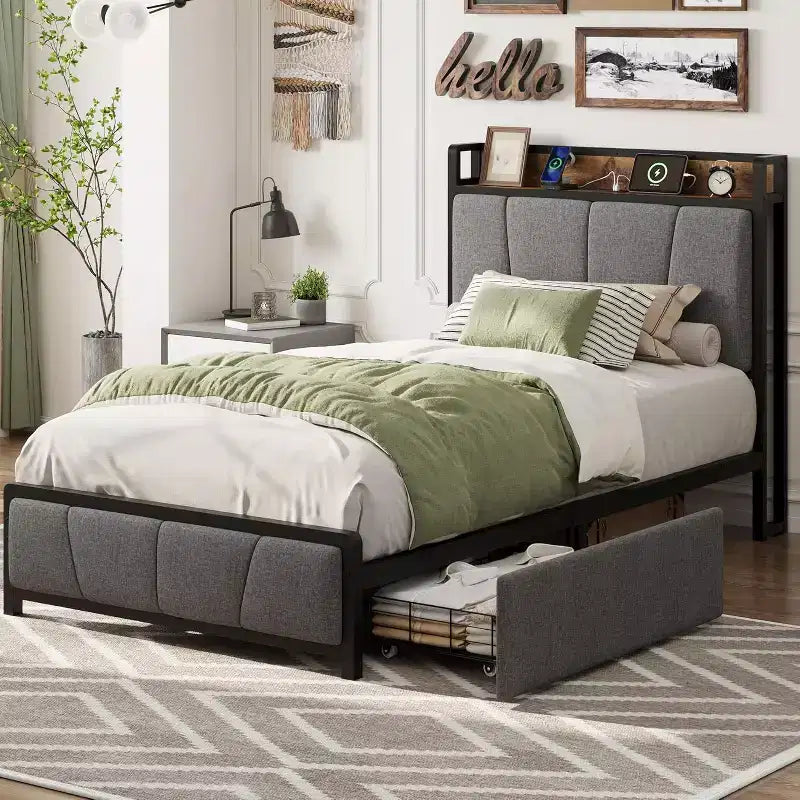 Garvee Upholstered Bed Frame with 2 Storage Drawers, Power Outlet, Queen Bed Platform with Storage Headboard, Noise Free, No Box Spring Needed