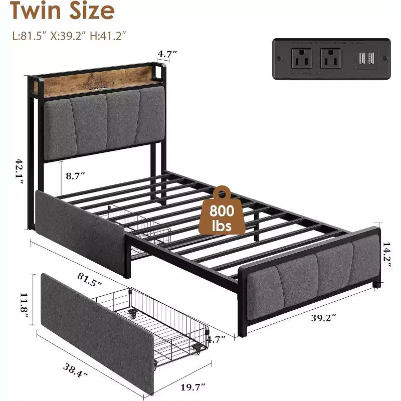 Cadre de lit rembourré avec 2 tiroirs de rangement, prise de courant, plateforme de lit queen size avec tête de lit de rangement, silencieux, pas besoin de sommier tapissier