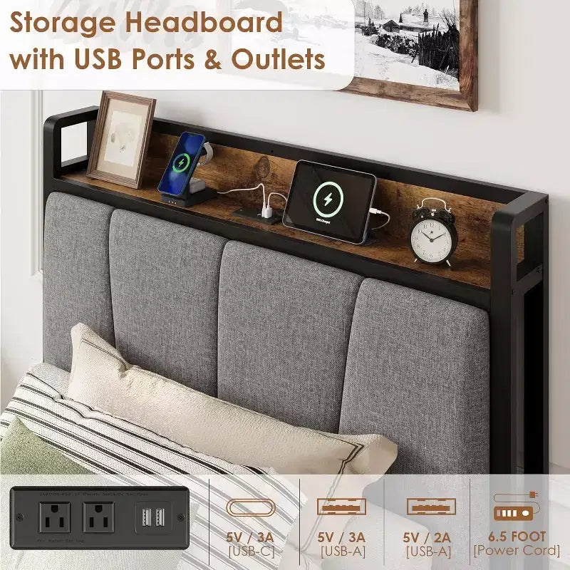 Cadre de lit rembourré avec 2 tiroirs de rangement, prise de courant, plateforme de lit queen size avec tête de lit de rangement, silencieux, pas besoin de sommier tapissier