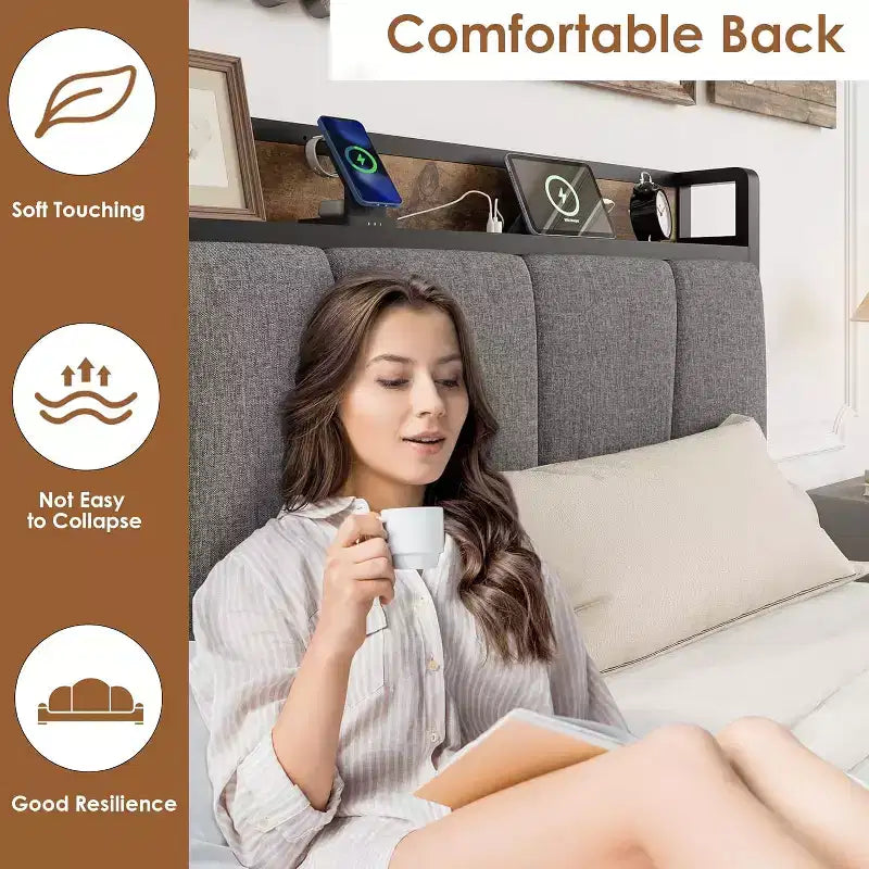 Cadre de lit rembourré avec 2 tiroirs de rangement, prise de courant, plateforme de lit queen size avec tête de lit de rangement, silencieux, pas besoin de sommier tapissier