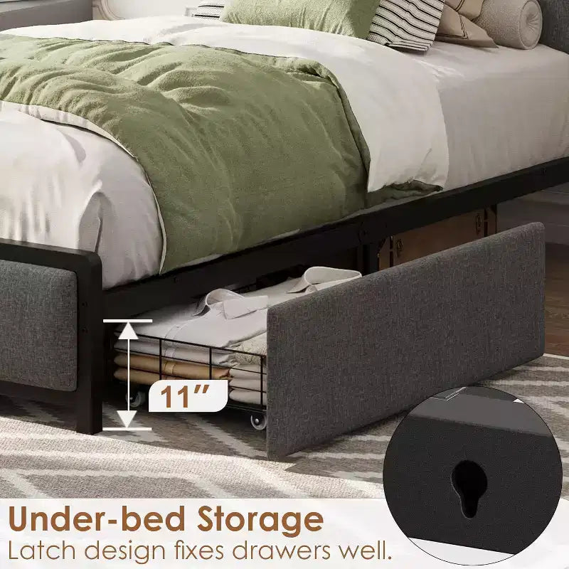Cadre de lit rembourré avec 2 tiroirs de rangement, prise de courant, plateforme de lit queen size avec tête de lit de rangement, silencieux, pas besoin de sommier tapissier