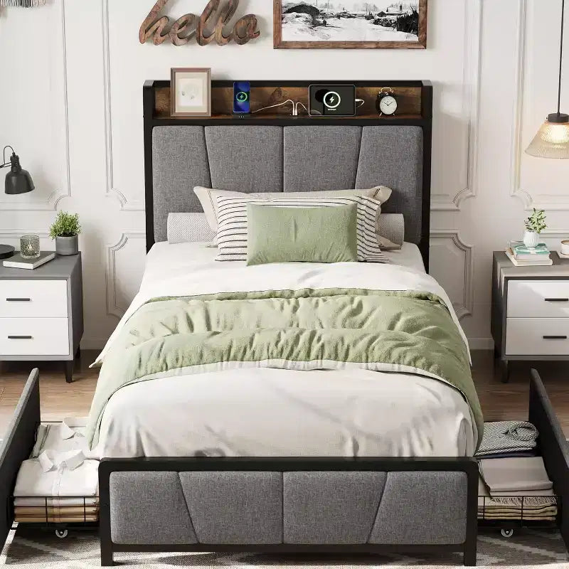 Cadre de lit rembourré avec 2 tiroirs de rangement, prise de courant, plateforme de lit queen size avec tête de lit de rangement, silencieux, pas besoin de sommier tapissier