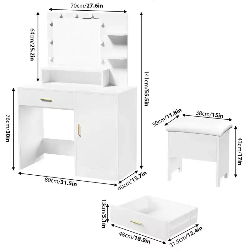 Coiffeuse, coiffeuse avec miroir et 9 ampoules LED, grands tiroirs et trois niveaux de rangement et d'étagères ouvertes pour chambre, blanc