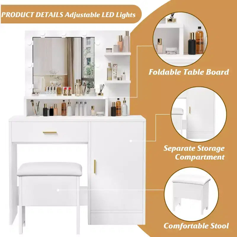 Coiffeuse, coiffeuse avec miroir et 9 ampoules LED, grands tiroirs et trois niveaux de rangement et d'étagères ouvertes pour chambre, blanc