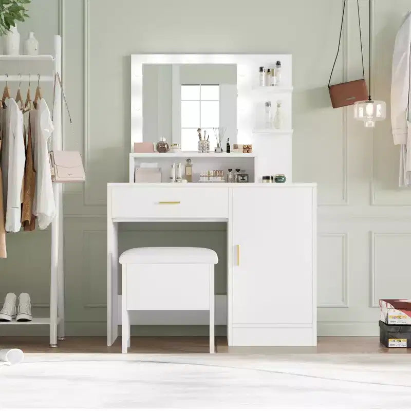 Coiffeuse, coiffeuse avec miroir et 9 ampoules LED, grands tiroirs et trois niveaux de rangement et d'étagères ouvertes pour chambre, blanc