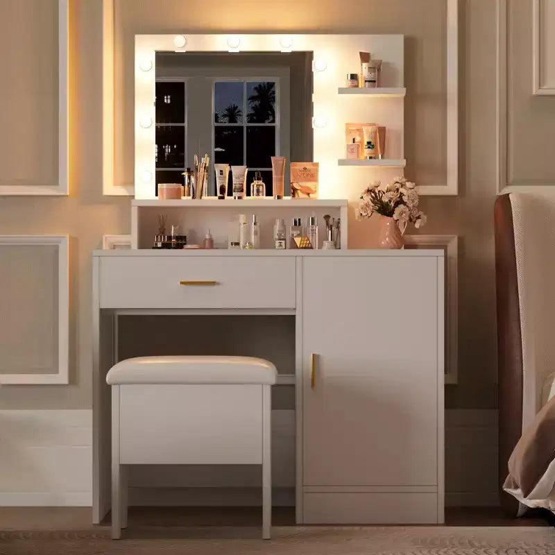 Coiffeuse, coiffeuse avec miroir et 9 ampoules LED, grands tiroirs et trois niveaux de rangement et d'étagères ouvertes pour chambre, blanc