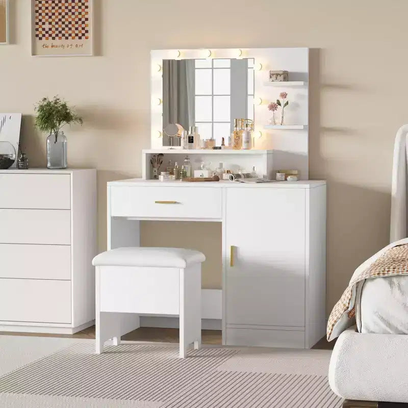 Coiffeuse, coiffeuse avec miroir et 9 ampoules LED, grands tiroirs et trois niveaux de rangement et d'étagères ouvertes pour chambre, blanc