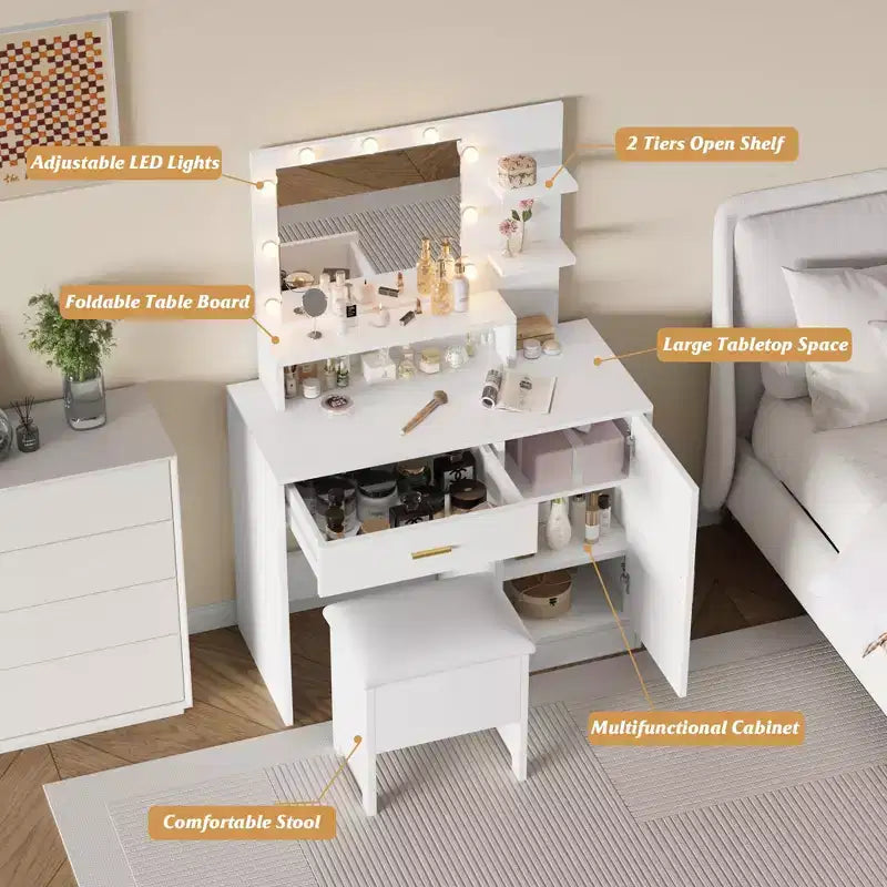 Coiffeuse, coiffeuse avec miroir et 9 ampoules LED, grands tiroirs et trois niveaux de rangement et d'étagères ouvertes pour chambre, blanc