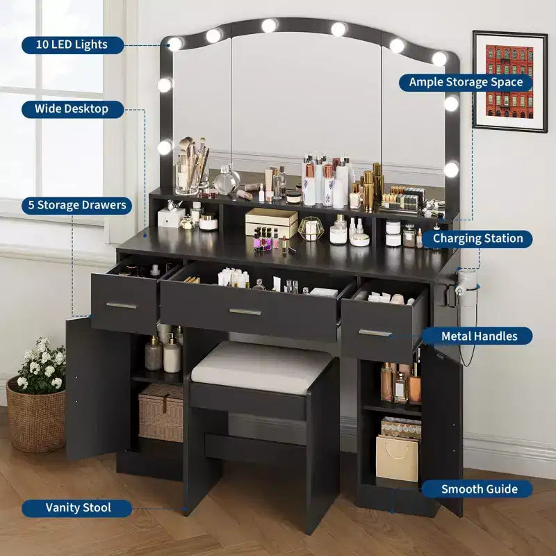 Coiffeuse, coiffeuse avec miroir et 9 ampoules LED, grands tiroirs et trois niveaux de rangement et d'étagères ouvertes pour chambre, blanc