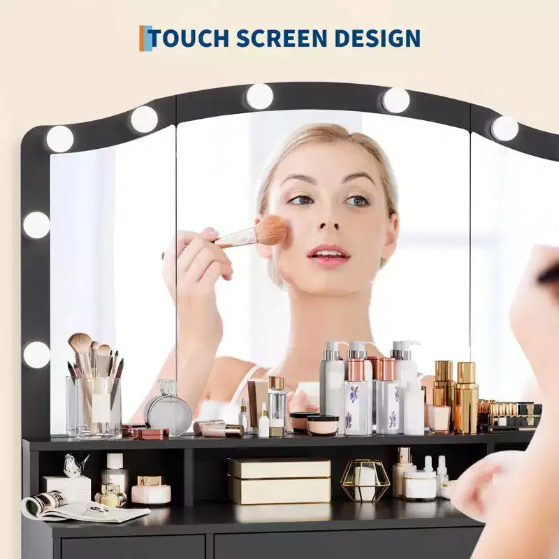 Coiffeuse, coiffeuse avec miroir et 9 ampoules LED, grands tiroirs et trois niveaux de rangement et d'étagères ouvertes pour chambre, blanc