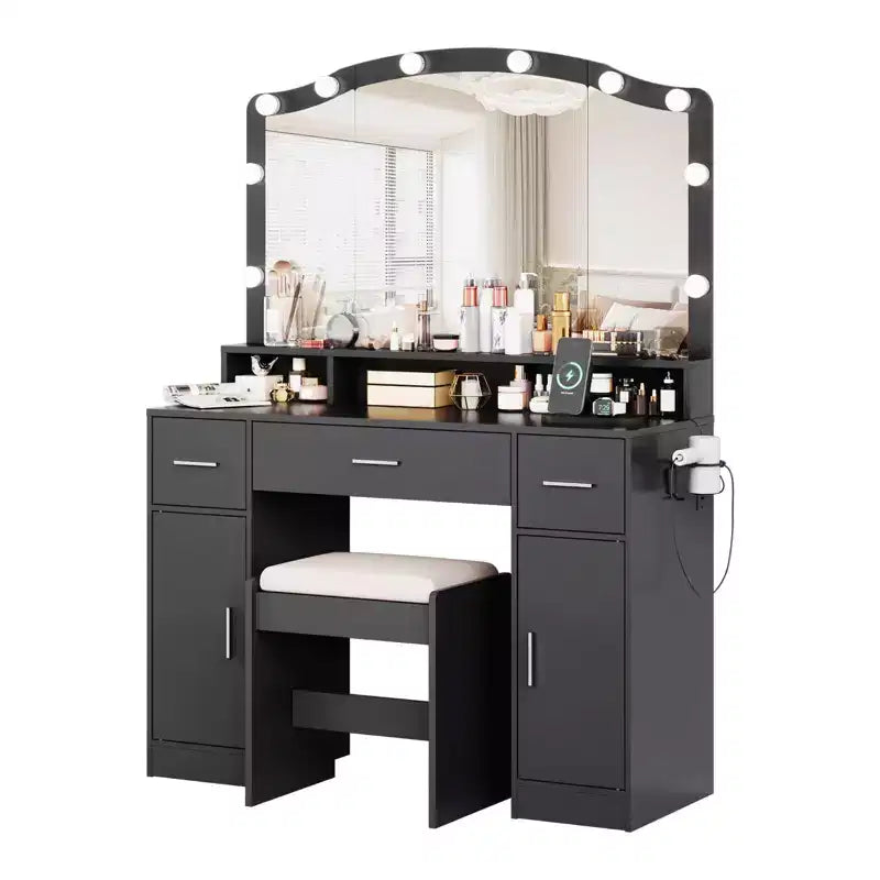 Coiffeuse, coiffeuse avec miroir et 9 ampoules LED, grands tiroirs et trois niveaux de rangement et d'étagères ouvertes pour chambre, blanc